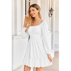 Joy Join Women's Long Sleeve Square Neck Dress High Waist A Line Ruffle Hem Flowy Casual Party Mini Dress
