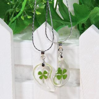 2PCS Exquisite Water-drop Shaped with Four Leaf Clover Pattern Pendant Couple Necklace