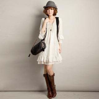 Laconic Plunging Neck Hidden Floral Print Layered Ruffles White Short Sleeve Chiffon+Lace Dress For Women