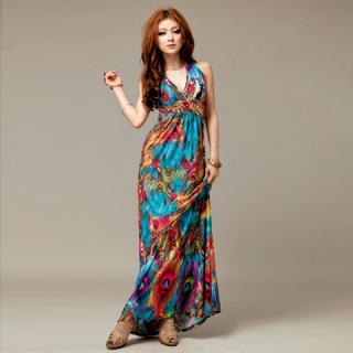 Alluring V-Neckline Peacock Print Sleeveless Maxi Dress For Women