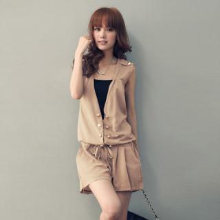 Elegant Plunging Neck Double-Breasted Lace-Up Solid Color Sleeveless Cotton Jumpsuit For Women