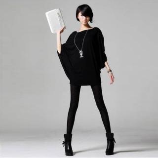 Loose-Fitting Casual Boat Neck Solid Color Black Bat-Wing Short Sleeve Modal Cotton Dress For Women