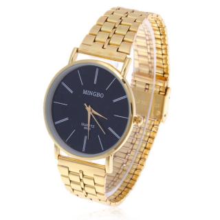 Fashionable MINGBO Strips Hour Marks Black Round Dial Steel Quartz Wrist Watch for Men B005 (Golden)