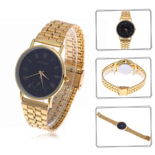 Trendy MINGBO Roman Numerals Hour Marks Black Round Dial Steel Quartz Wrist Watch for Men B009 (Golden)