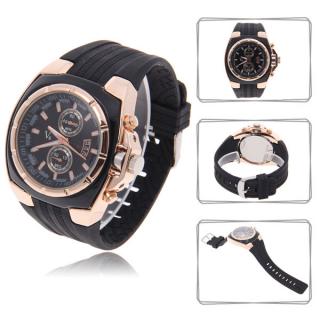 Vogue V6 Strips Hour Marks Round Dial Golden Case Quartz Hours Analog Silicone Wrist Watch V0048 (Black)