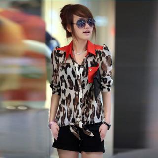 Summer Fashion Leopard Print Red Lapel Long Sleeve Chiffon Shirt For Women