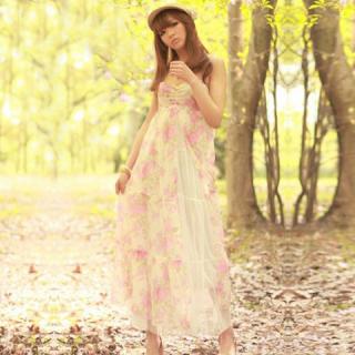 Bohemian Tiny Floral Print Split V-Neck Spaghetti Strap Chiffon Maxi Dress For Women