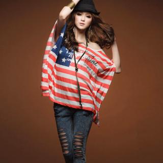 Fashionable Diagonal One-Shoulder American Flag Type Bat-Wing Sleeve Cotton Blended Blouse For Women