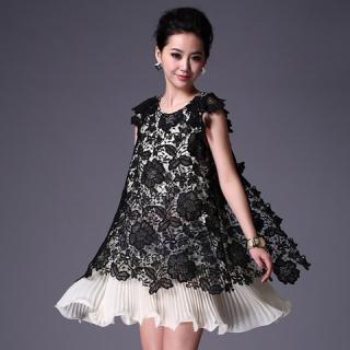 Exquisite Scoop Neck Embroidery Floral Print Openwork Color-Match Chiffon+Lace Pleated Dress For Women