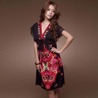 Retro Ethnic Style Rayon Floral Printed V-Neck Short Sleeves Chiffon Dress For Women
