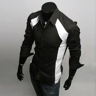 Sophisticated Long Sleeves Split Joint Black and White Cotton Shirt For Men