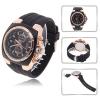 Vogue V6 Strips Hour Marks Round Dial Golden Case Quartz Hours Analog Silicone Wrist Watch V0048 (Black)
