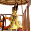 Leopard Pattern Spaghetti Strap Plunging Neck Backless Yellow Imitated Silk Maxi Dress For Women