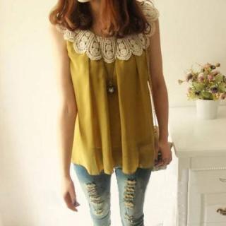 Sweet Crocheted Lace Embellished Scoop Neck Sleeveless Mix Match Chiffon Blouse For Women