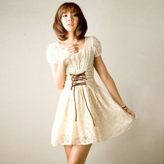 Graceful Delicate Lace Embellished Strings Short Sleeves Scoop Neck Lace Dress For Women