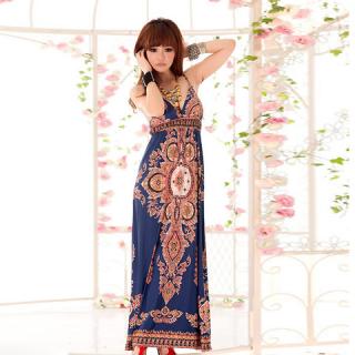 Bohemian Ethnic Style Floral Printed Spaghetti Strap Imitated Silk Maxi Dress For Women
