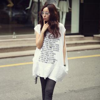 GamissÂ® Loose-Fitting Slipover V-Neck English Print Double-Pocket Sleeveless Cotton T-Shirt For Women