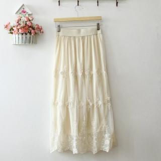 Refreshing Delicate Embroidery Lace Embellished Elastic Waist Voile Maxi Skirts For Women