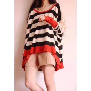Stylish and Charming Scoop Neck Off-The-Shoulder Stripe Patterns Color Block Long Sleeve T-Shirt For Women