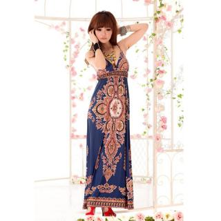 Bohemian Sexy Plunging Neck Sleeveless Tiny Floral Print Maxi Dress For Women