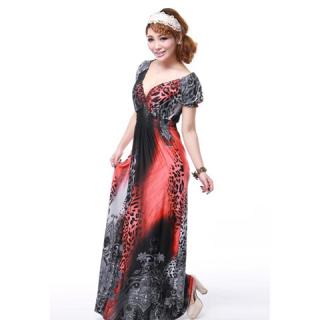 Elegant Plunging Neck and Leopard Pattern Design Short Sleeves Rayon Dress For Women