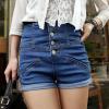 Retro Style Four Buttons High Waist Revers Blue Jeans Short Pants For Women