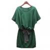 Simple Design Elastic Waist Batwing Short Sleeves Scoop Neck Green Cotton Dress For Women