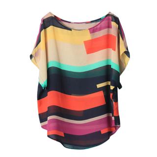 Stylish Scoop Neck Irregular Stripe Print Colormatching Chiffon Plus Size Blouse For Women