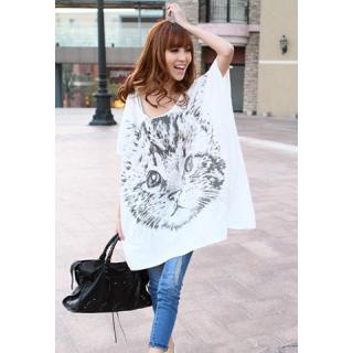 Casual Large Cat Printed Bat-Wing Sleeves Plunging Neck Plus Size Cotton T-Shirt For Women