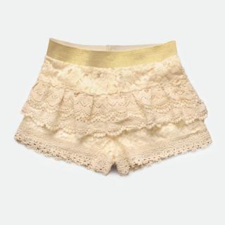 Ladylike Elastic Waist Layered Lace Embellished Apricot Shorts For Women