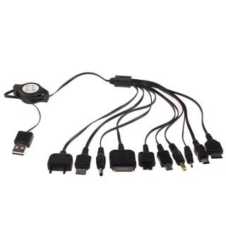 Portable 10 in 1 USB2.0 Rectractable Charger Cable for Cell Phones -Black