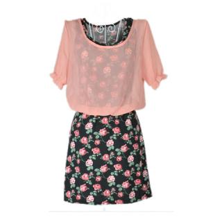 Sweet Rose Printed Two Piece Suit Chiffon Matching Cotton Blend Dress For Women