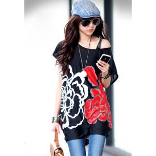 Stylish Floral Print Off-The-Shoulder Ice Silk+Cotton T-Shirt For Women