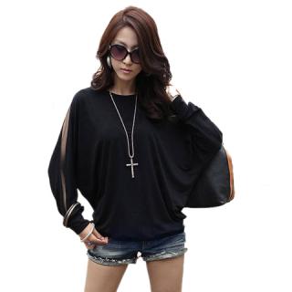 Women's Loose-Fitting Transparent Batwing Long Sleeves Scoop Neck Cotton Blend T-Shirt