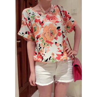 Women's Chiffon Shirt With Floral Print Scoop Neck Short Sleeves