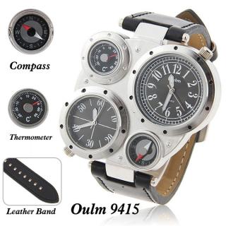 Oulm Multi-Function Watch for Men with Dual Movt Numerals Indicate Time Dial Genuine Leather (Black)