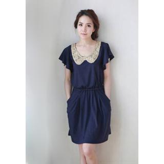 Women's Silk Floss Dress With Doll Neckline and Elastic Waist Design 