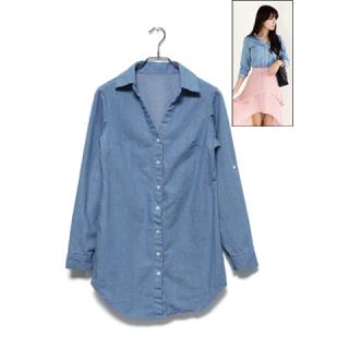 Fashionable Light Blue Long Sleeve Denim Shirt For Women