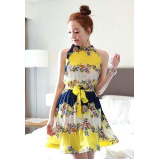Vintage Floral Print Sleeveless Pleated Dress For Women