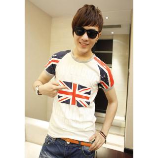 Men's White Cotton Blend Charming T-Shirt With Union Flag Printed Short Sleeves Scoop Neck Design
