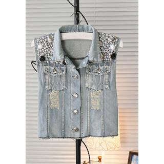 Women's Jeans Retro Style Waistcoat With Bead Sequin Embellished Single-Breasted Column Design