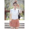 Women's Elastic Chiffon Shirt With Korean Style Flounce Stand Collar Short Sleeves Design