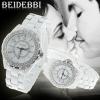 Fashion Rhinestone Decoration Quartz Wrist Watch with Round Shaped Dial Steel Watchband for Couple (White)