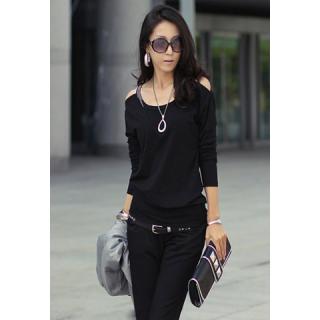 Scoop Neckline Solid Color Simple Slimming Style Off-the-Shoulder Long sleeve Cotton Women's T-Shirt