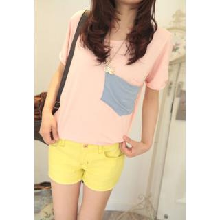 Fashionable Front Pocket Design Short Sleeve Color Block T-Shirt For Women