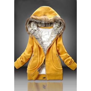 Casual Artificial Wool Embellished Hooded Zipper and Pocket Design Women's Cotton Coat