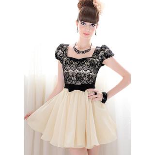 Elegant Lace and Bowknot Embellished Square Neck and Pleated Design Women's Polyester Dress