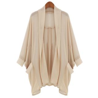Stunning Dolman Sleeves Loose Fit Pockets Design Solid Color Chiffon Apricot Women's Coat