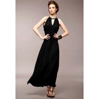 Elegant Beaded Keyhole Neckline Evening Party Sleeveless Black Women's Maxi Dress