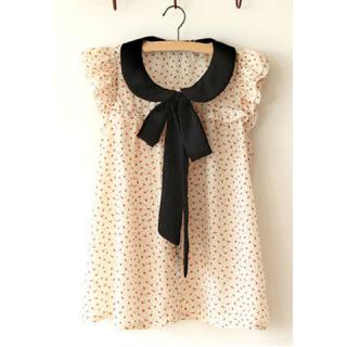 Sweet Pan Collar Flouncing Sleeve and Pleated Design Women's Chiffon Bow Blouse 
